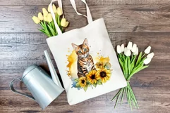 Bengal Cat and Sunflowers Watercolor Clipart PNG Sublimation Product Image 3