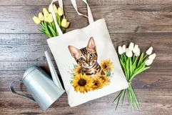 Bengal Cat and Sunflowers Watercolor Clipart PNG Sublimation Product Image 3