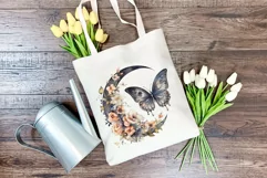 Moon Butterfly and Flowers Watercolor PNG for Sublimation Product Image 4