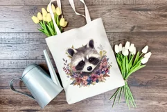 Cute Raccoon with Flowers Watercolor PNG for Sublimation Product Image 4