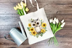 Cute Baby Owl and Sunflowers Watercolor PNG for Sublimation Product Image 3