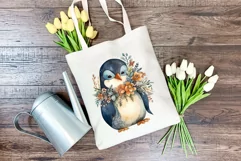 Cute Penguin and Flowers Watercolor PNG for Sublimation Product Image 4