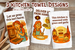 Funny Kitchen Towels PNG | Pray Cook Eat Garlic Sublimation Product Image 1