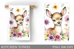 Cute Deer Kitchen Towel. Deer Flowers Kitchen Towel Design Product Image 1