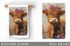Highland Cow Kitchen Towel. Cow Flowers Kitchen Towel Design Product Image 1