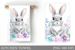 Cute Bunny Kitchen Towel. Bunny Flowers Kitchen Towel Design Product Image 1