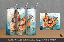 Orange Rose Butterfly Tumbler Wrap Sublimation Designs 1 Product Image 1