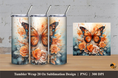 Orange Rose Butterfly Tumbler Wrap Sublimation Designs 3 Product Image 1
