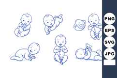 Baby sketch set with six playful infant poses in blue line a Product Image 1