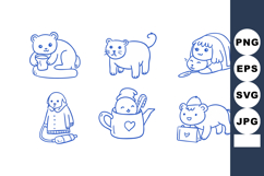 Cute blue line art animals and children with watering can an Product Image 1