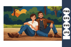 Two young men sitting relaxed outdoors casual clothing frien Product Image 1