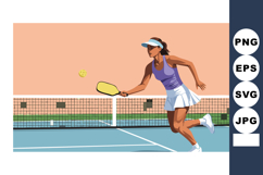 Woman playing pickleball on outdoor court with paddle and ba Product Image 1