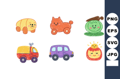 Cute colorful cartoon animals and vehicles vector set with p Product Image 1