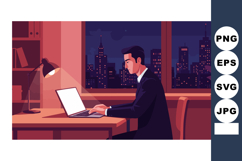 Businessman working late on laptop in modern office with cit Product Image 1