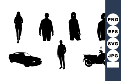 Silhouettes of people walking with car and motorcycle vector Product Image 1