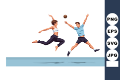 Active man and woman playing volleyball jumping high in dyna Product Image 1