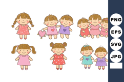 Cute girls in colorful dresses holding heart shapes and play Product Image 1