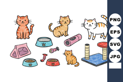 Cute cats with pet accessories including bowls toys and scra Product Image 1