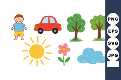 Child with car, trees, sun, flower, and cloud vector set for Product Image 1