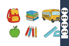 School supplies vector set with backpack books bus apple pen Product Image 1