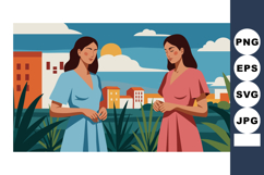 Two women having conversation in urban garden during sunset Product Image 1