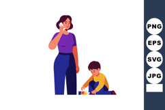 Mother talking on phone while son plays blocks at home in ca Product Image 1