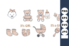 Baby girl icons with teddy bears bottle stroller and accesso Product Image 1