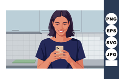 Woman using smartphone smiling in modern kitchen with blue c Product Image 1