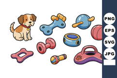 Puppy with colorful dog toys collection including bones ball Product Image 1