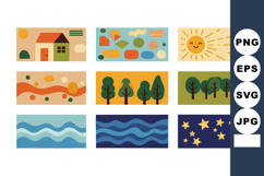 Abstract nature scenes with house sun trees water stars in w Product Image 1