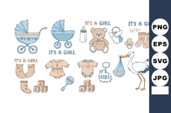 Baby girl vector icons set with stroller teddy bear clothes Product Image 1