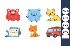 Cute colorful cartoon animals and red toy car vector set for Product Image 1