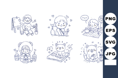 Cute sketch vector collection of kids and cats with plants a Product Image 1
