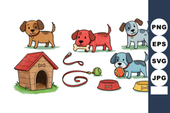 Cute puppies playing with toys near doghouse and bowls in co Product Image 1