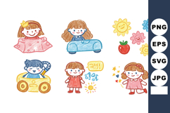 Cute cartoon girls playing with toy cars and colorful flower Product Image 1