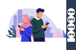 Young man and woman using smartphones in urban background ve Product Image 1