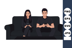 Young man and woman sitting on sofa playing video games toge Product Image 1