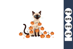 Siamese cat surrounded by Halloween pumpkin decorations with Product Image 1