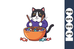 Cute black and white cat stirring bowl of colorful candies w Product Image 1