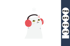 White cat wearing red earmuffs listening to winter sounds wi Product Image 1