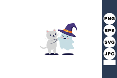 Cute cat and happy ghost wearing witch hat friendly Hallowee Product Image 1