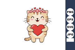 Cute cartoon cat holding red heart with flower crown and hea Product Image 1