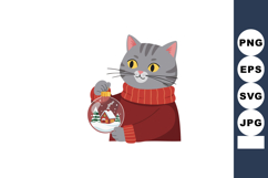 Gray cat wearing red sweater holding snow globe with winter Product Image 1