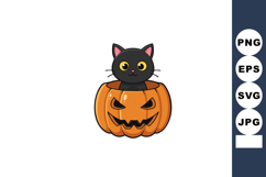 Black cat peeking out of Halloween pumpkin with carved face Product Image 1