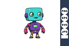 Cute cartoon robot with turquoise head and purple body smili Product Image 1