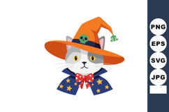 Cat wearing orange witch hat with green skull and starry cap Product Image 1