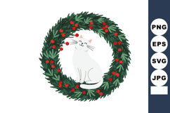 White cat sitting inside green Christmas wreath with red ber Product Image 1