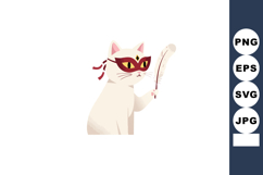 White cat wearing red mask holding feather pen in hand vecto Product Image 1