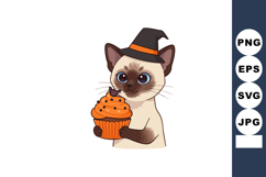 Siamese cat holding Halloween cupcake with witch hat festive Product Image 1