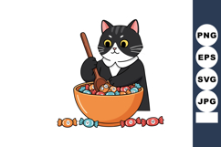 Cat stirring bowl full of colorful candies playful kitchen c Product Image 1